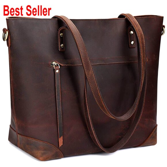 Genuine Leather Tote Bag with Adjustable Strap and Multiple Pockets